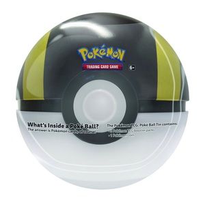 Black, Gold and White Sealed Pokémon Tin ball with trading cards and 1 Coin